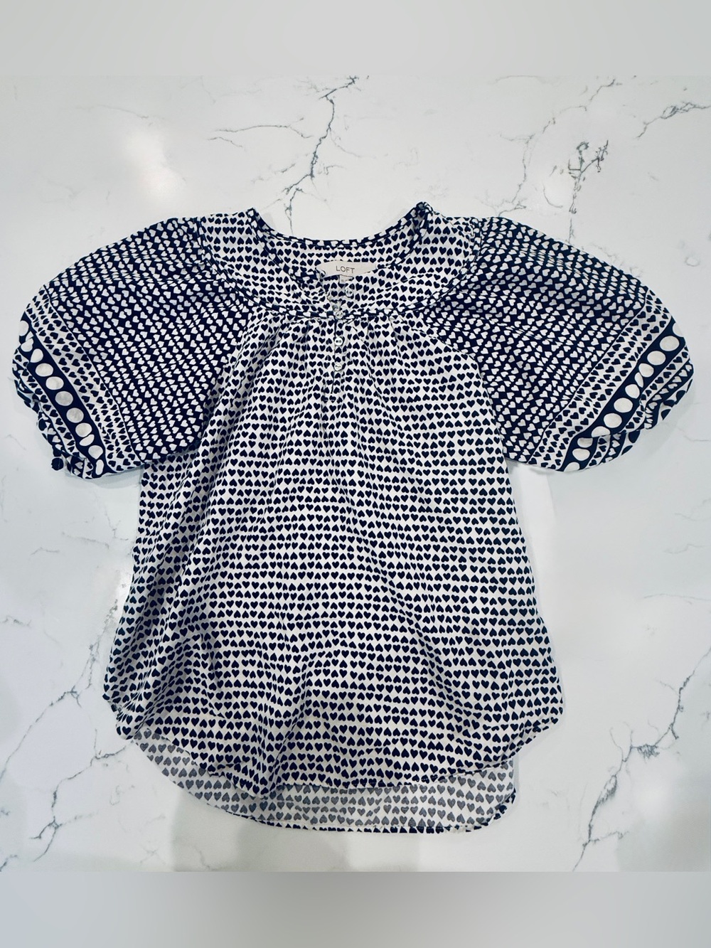 LOFT Navy and White Heart-Print Puff Sleeve Blouse